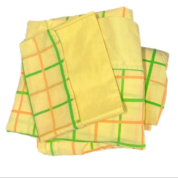 VTG 1970s JP Stevens Percale Bright Retro Yellow Full Bed Linens Sheet Set of 3 - Picture 1 of 4